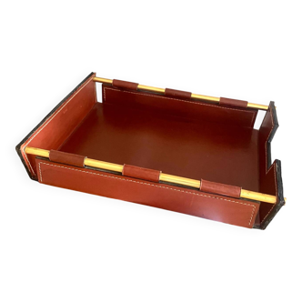 Porte-courrier bureau vintage en cuir et laiton signé Longchamp design