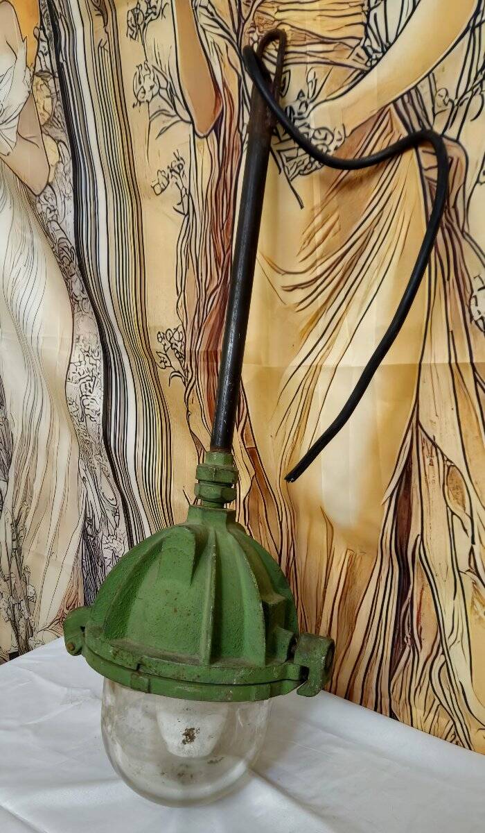 Old industrial cast iron lamp – workshop/factory light – glass