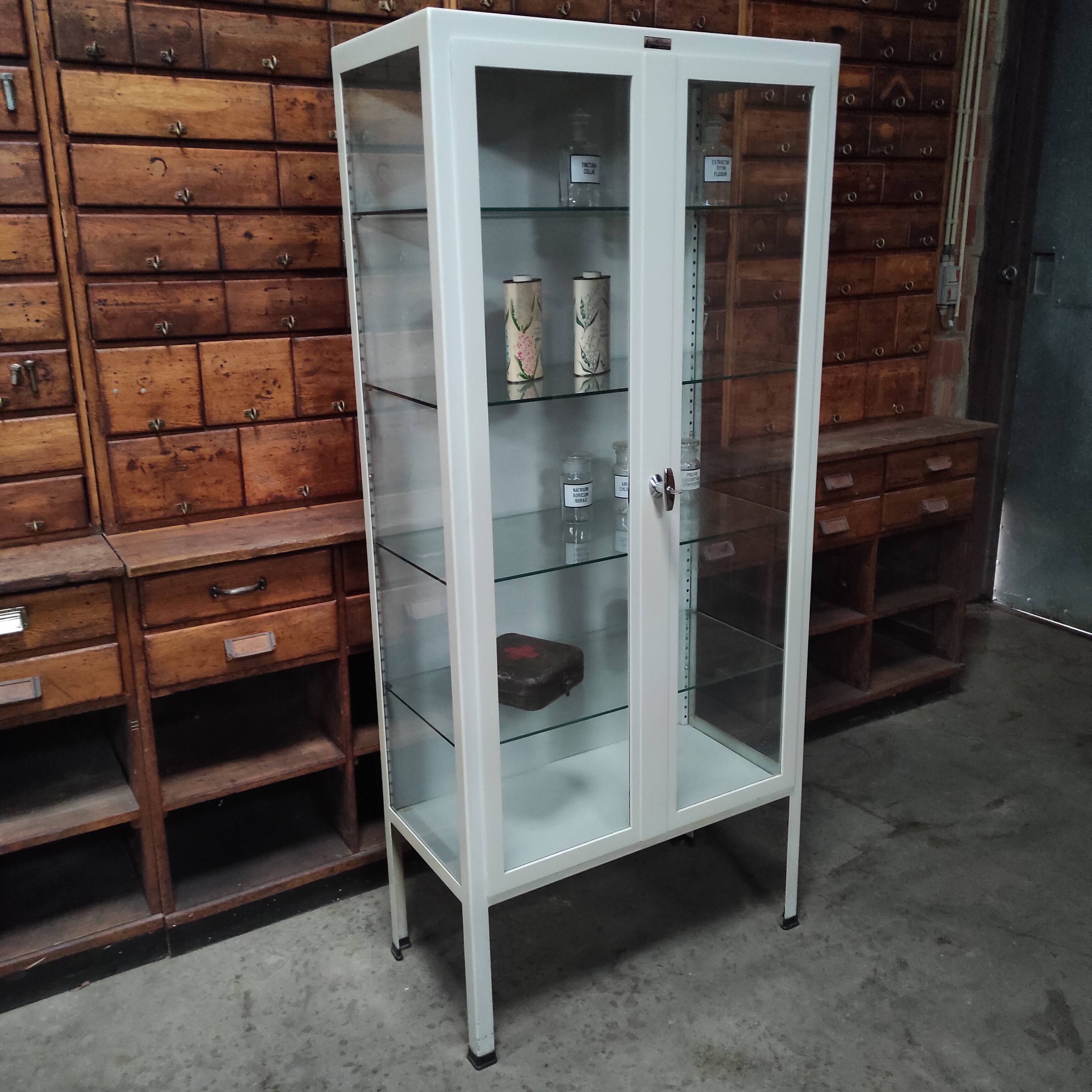 Vintage ManuBelge Medical Cabinet | Industrial Glass Display
