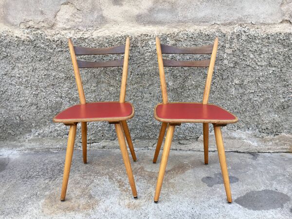 Paire de chaises bistrot et bohème hêtre, pieds compas 1950
