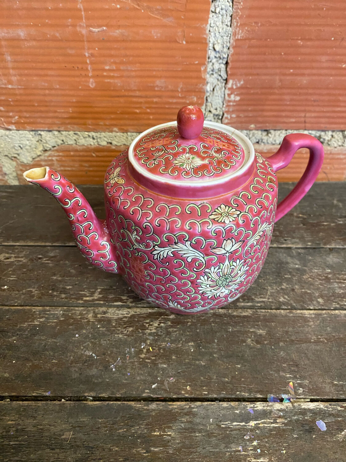 Antique MUN SHOU Teapot Pink Porcelain Flower Decor China Vintage #
