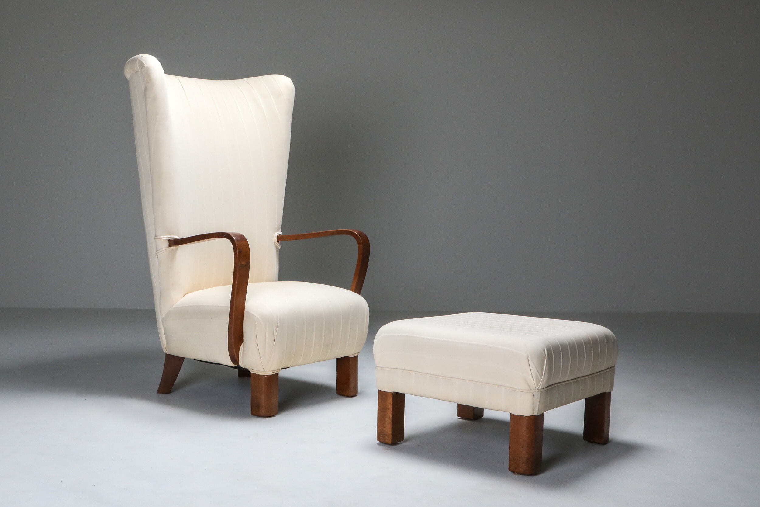 White Wingback Chair With Ottoman - 1950's