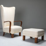 White Wingback Chair With Ottoman - 1950's