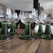 Set of 6 Alsatian wine glasses in chiseled crystal with green turned foot