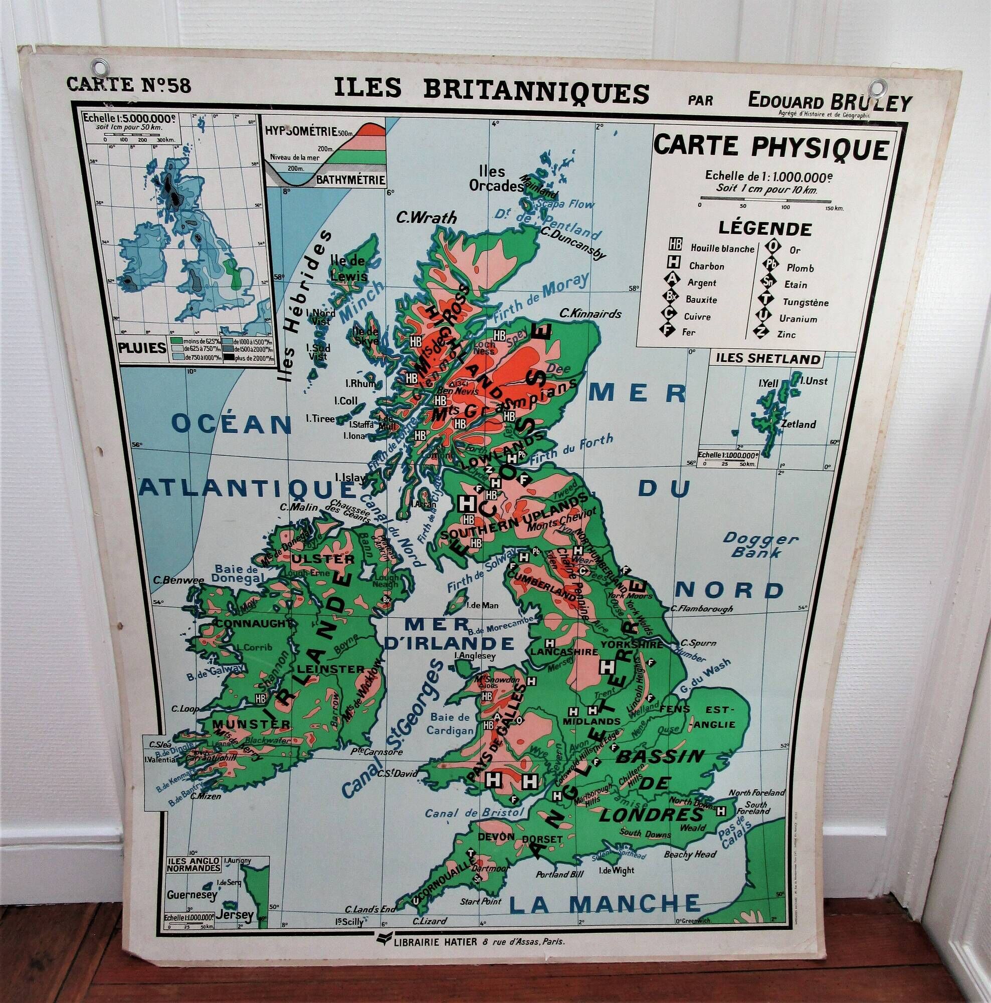 School map British Isles England Hatier n°58 and 58bis By Edouard Bruley years 60-70