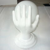 Hand lamp in white ceramic and white opaline globe, in perfect condition