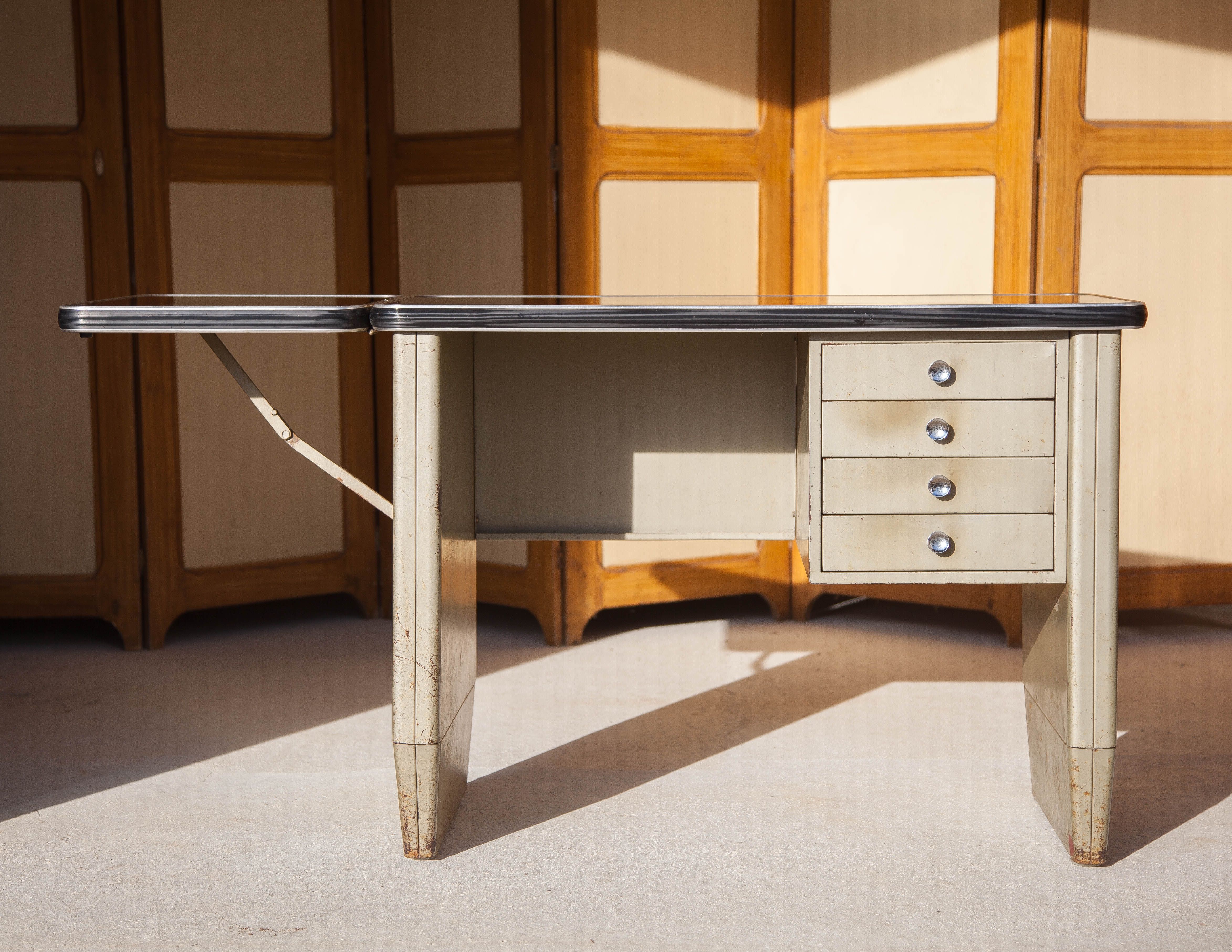 Vintage metal desk, desk with drawers and folding shelf, vintage desk
