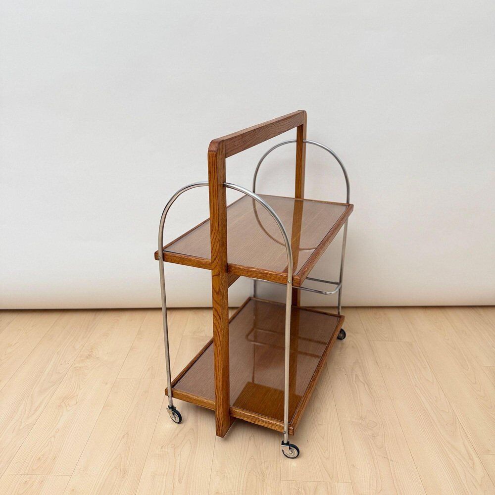 Chariot de service Art Déco en chêne, chrome et verre, France, 1930