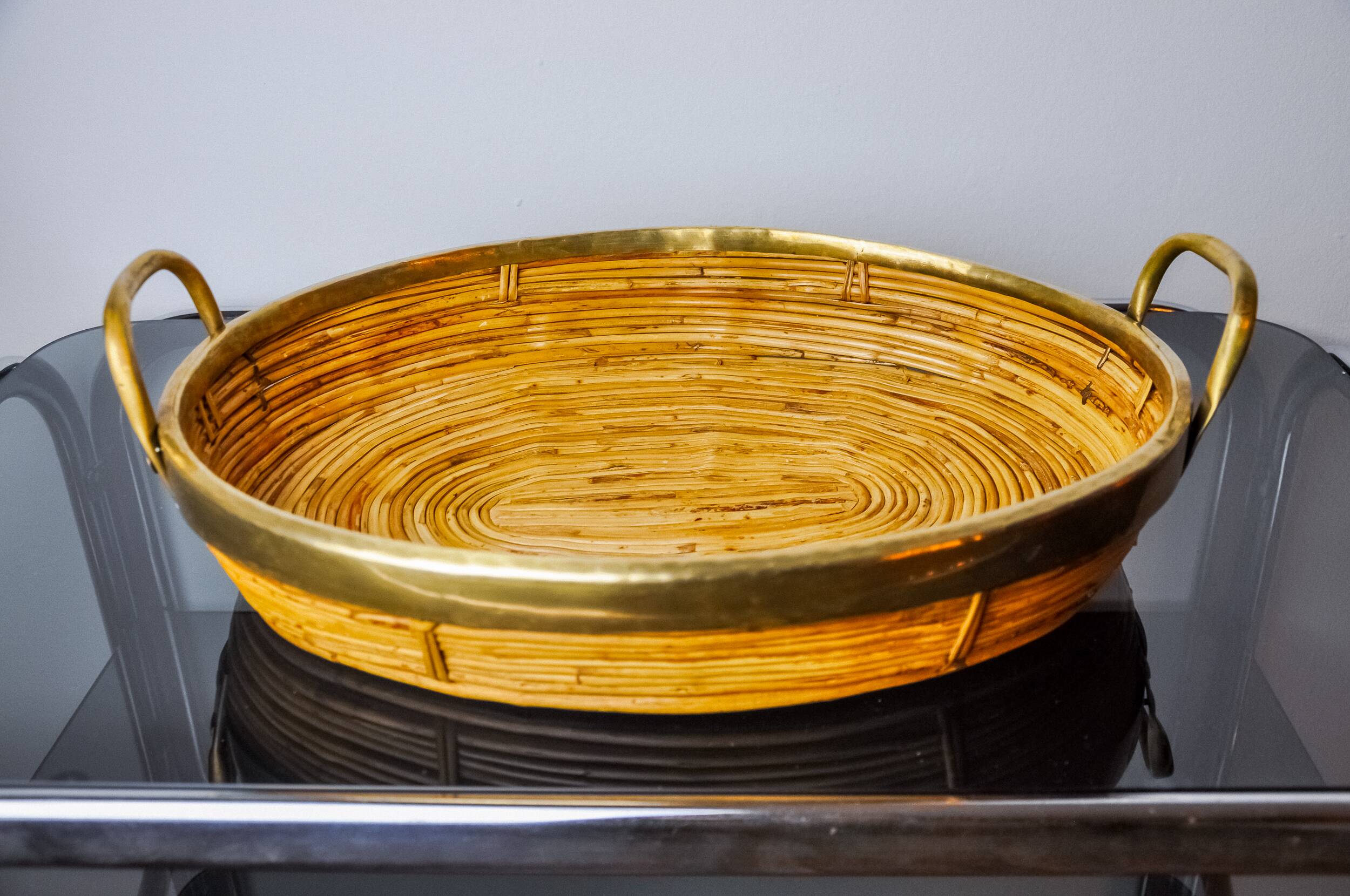 Rattan and brass tray, Italy, 1970