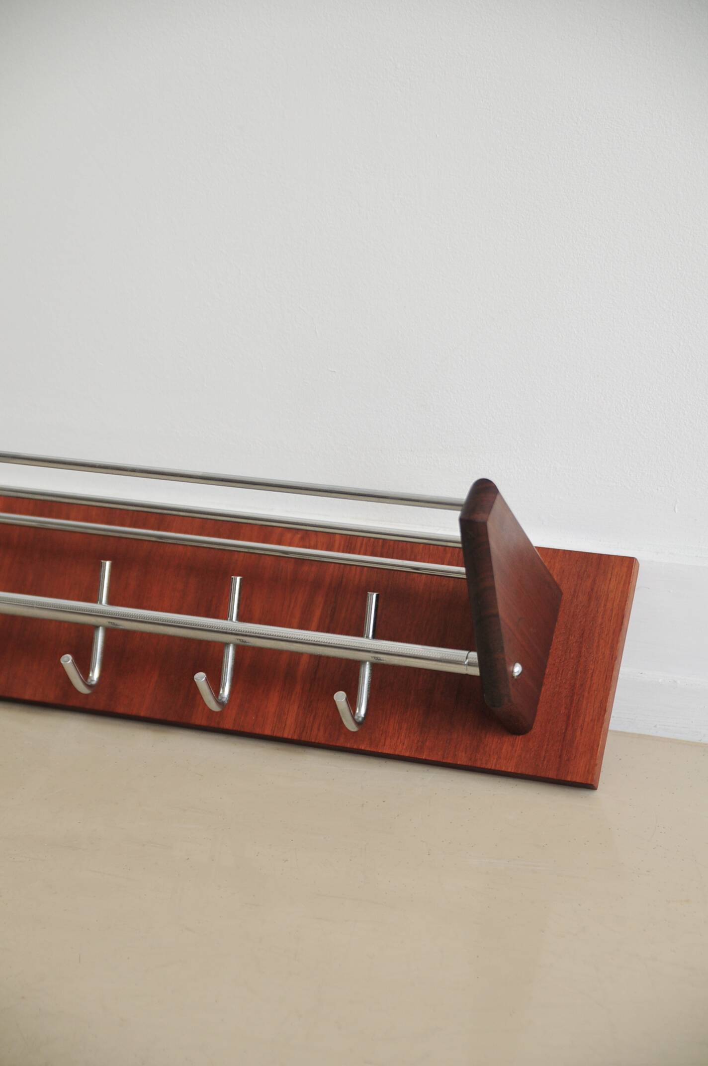 Teak wood & chrome wall coat rack