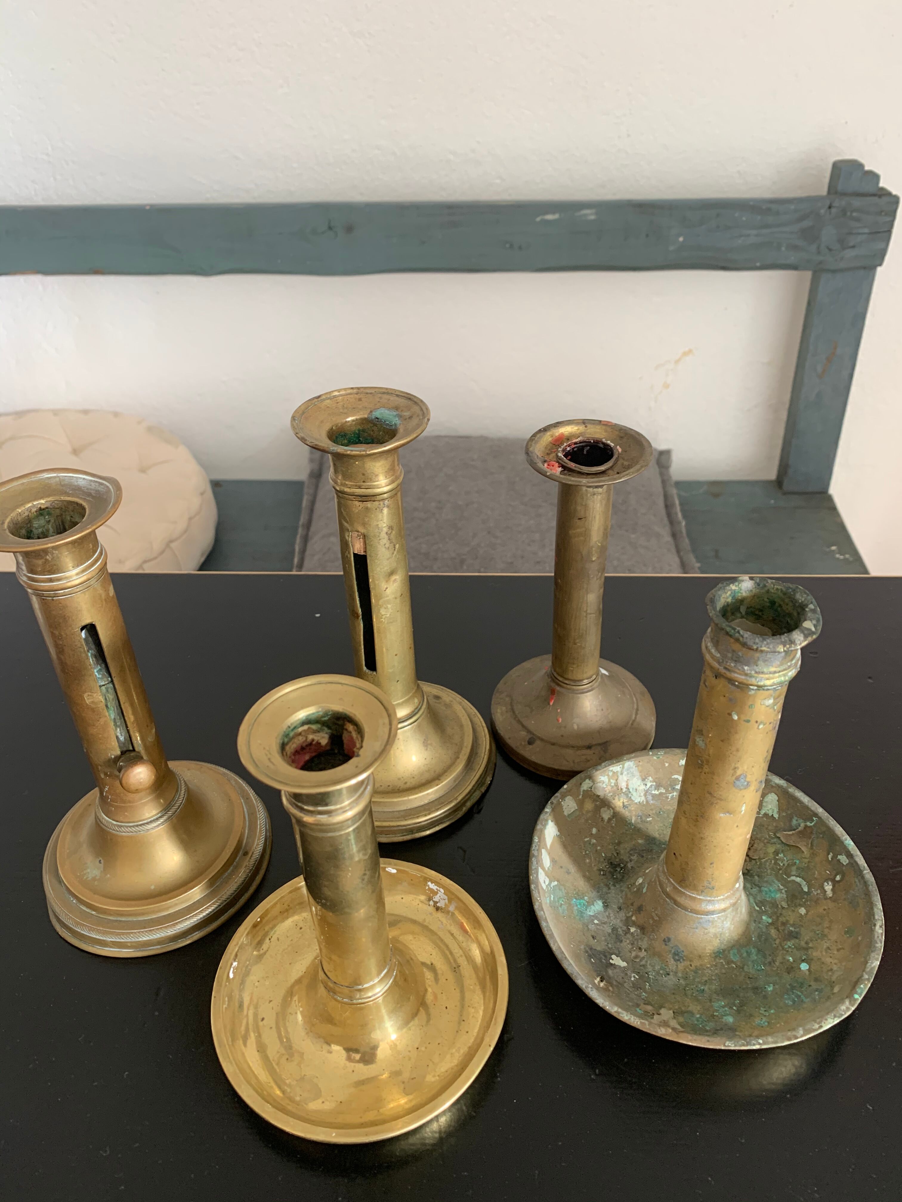 Set 5 vintage brass candlesticks