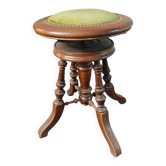 Tabouret de piano ancien en bois et velours vert olive - Début des années 1900
