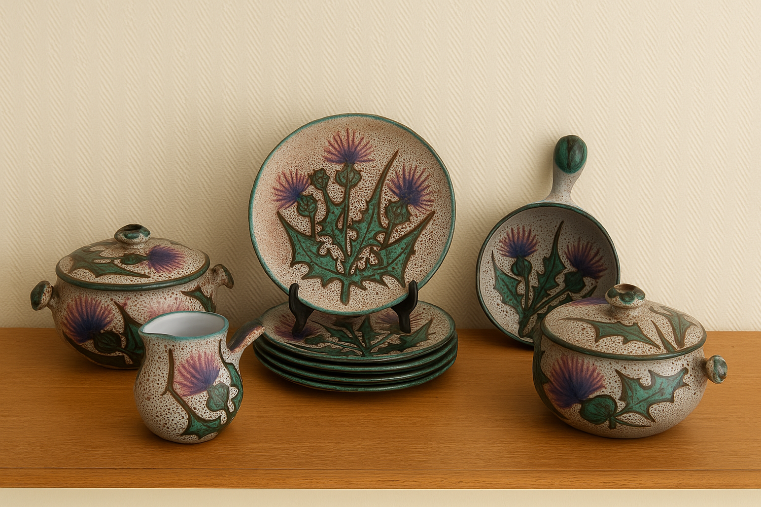 Service en ceramique vallauris 60s decor chardons