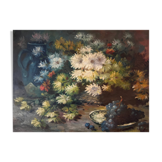 Tableau HST "Nature morte aux fleurs et raisins" Pol Noel (1851-1911)