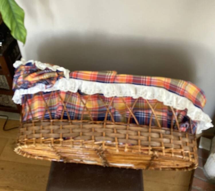 1970s wicker rattan portable bassinet cradle complete with bedding