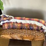 1970s wicker rattan portable bassinet cradle complete with bedding
