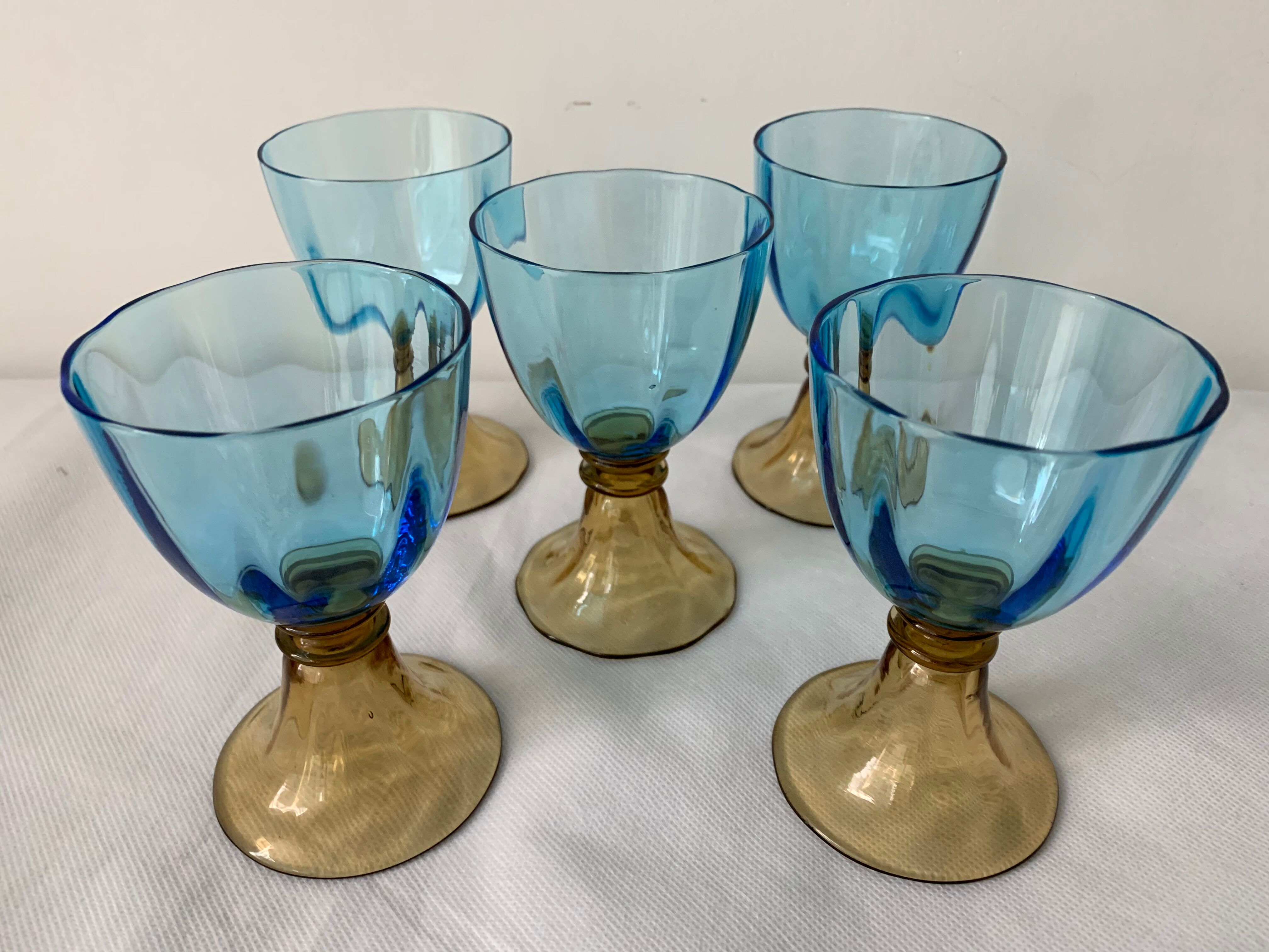 5 glasses in amber and blue crystal George Sand diabolos 19th century