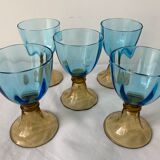 5 glasses in amber and blue crystal George Sand diabolos 19th century