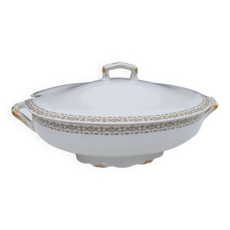 Oval tureen Green and pink edging Limoges Arhenfeld