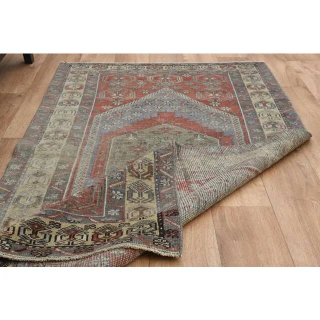 1970s Vintage Turkish Oushak Handmade Wool Cotton Red Area Rug 92x195