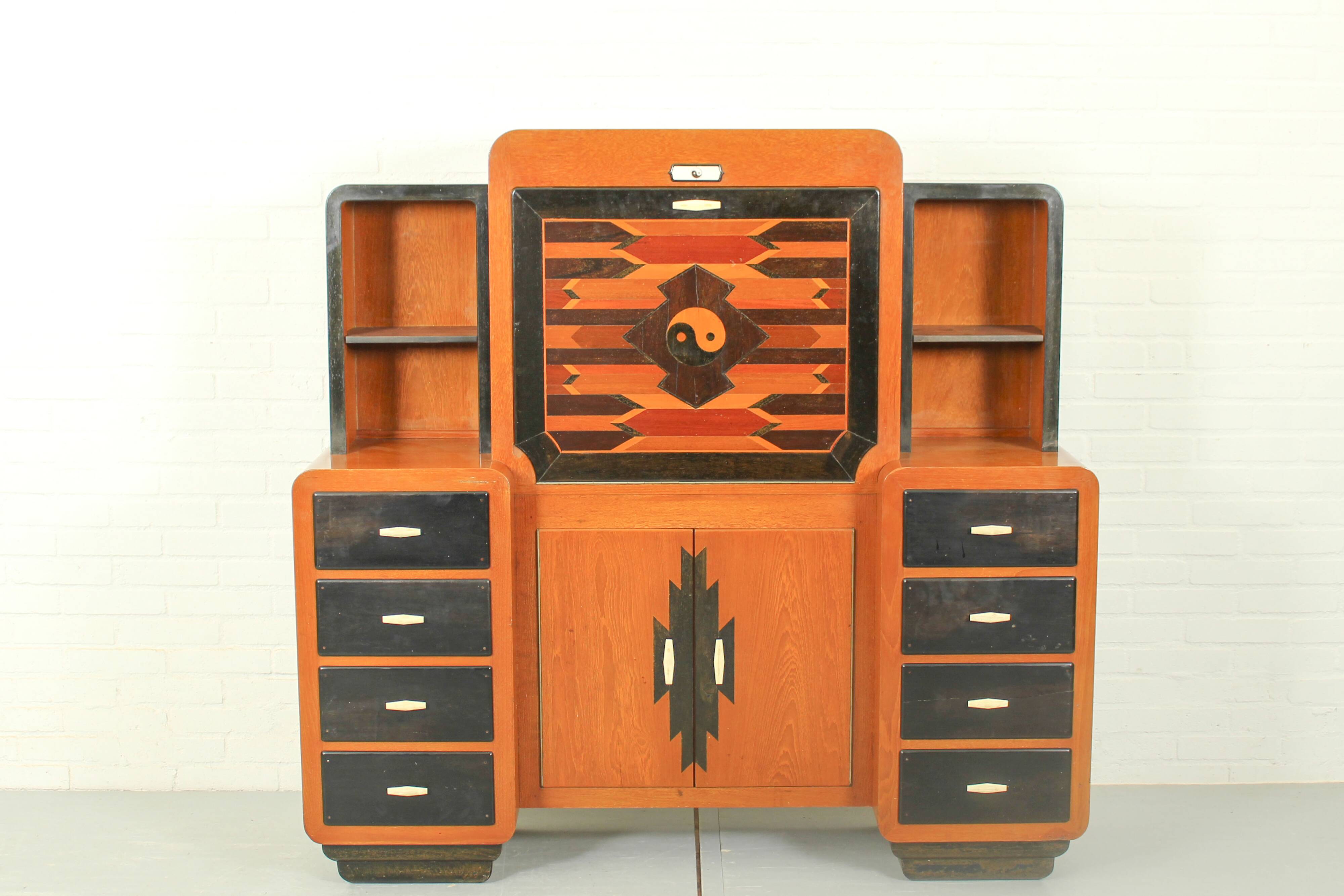 Solid high quality teak art deco secretaire by Gerson’s furniture store, produced in Bangkok, 1930s