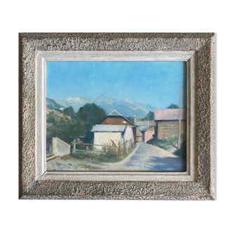 Painting "Village entrance, Mountain" signed frame
