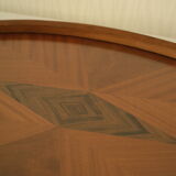 Oval wooden tray with glass and artisanal marquetry from the 70s.