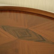 Oval wooden tray with glass and artisanal marquetry from the 70s.