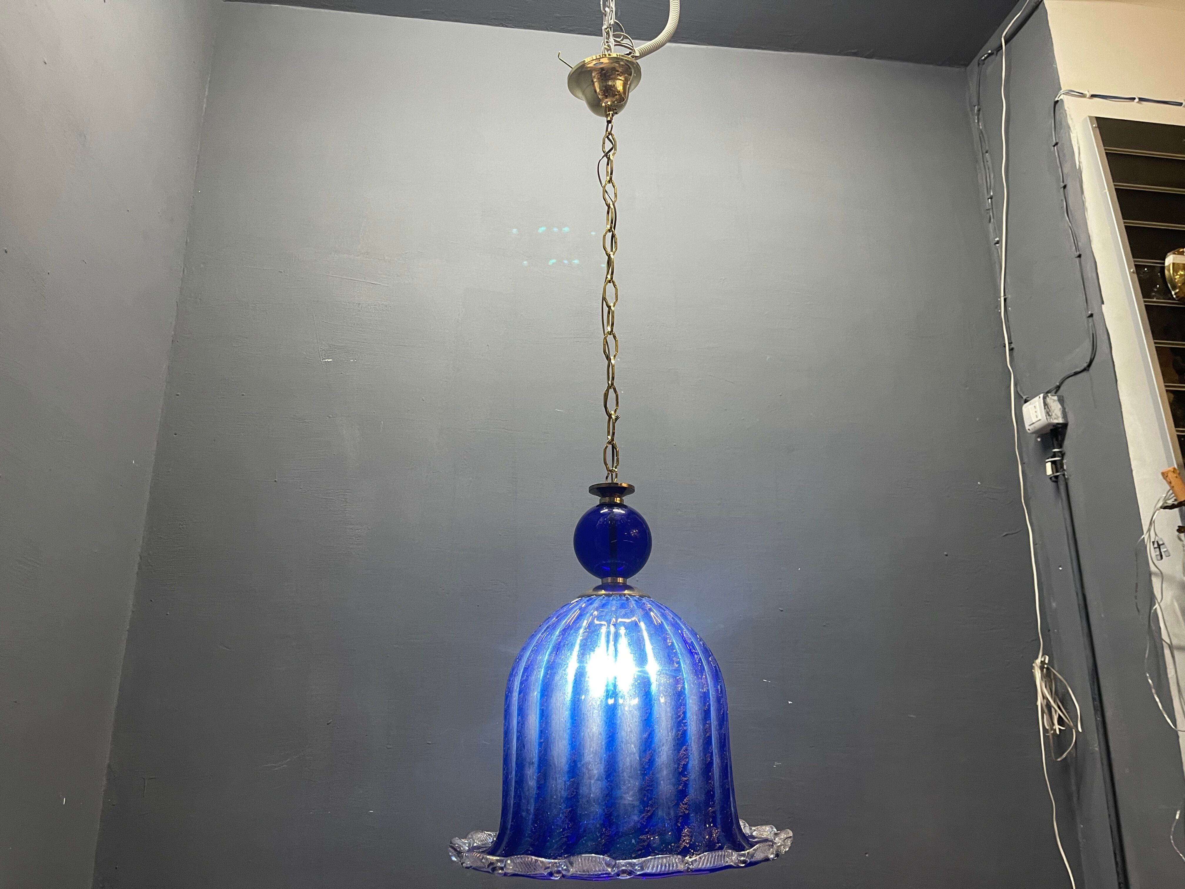 Lustre en verre de Murano bleu cobalt vintage, Italie, années 1980.