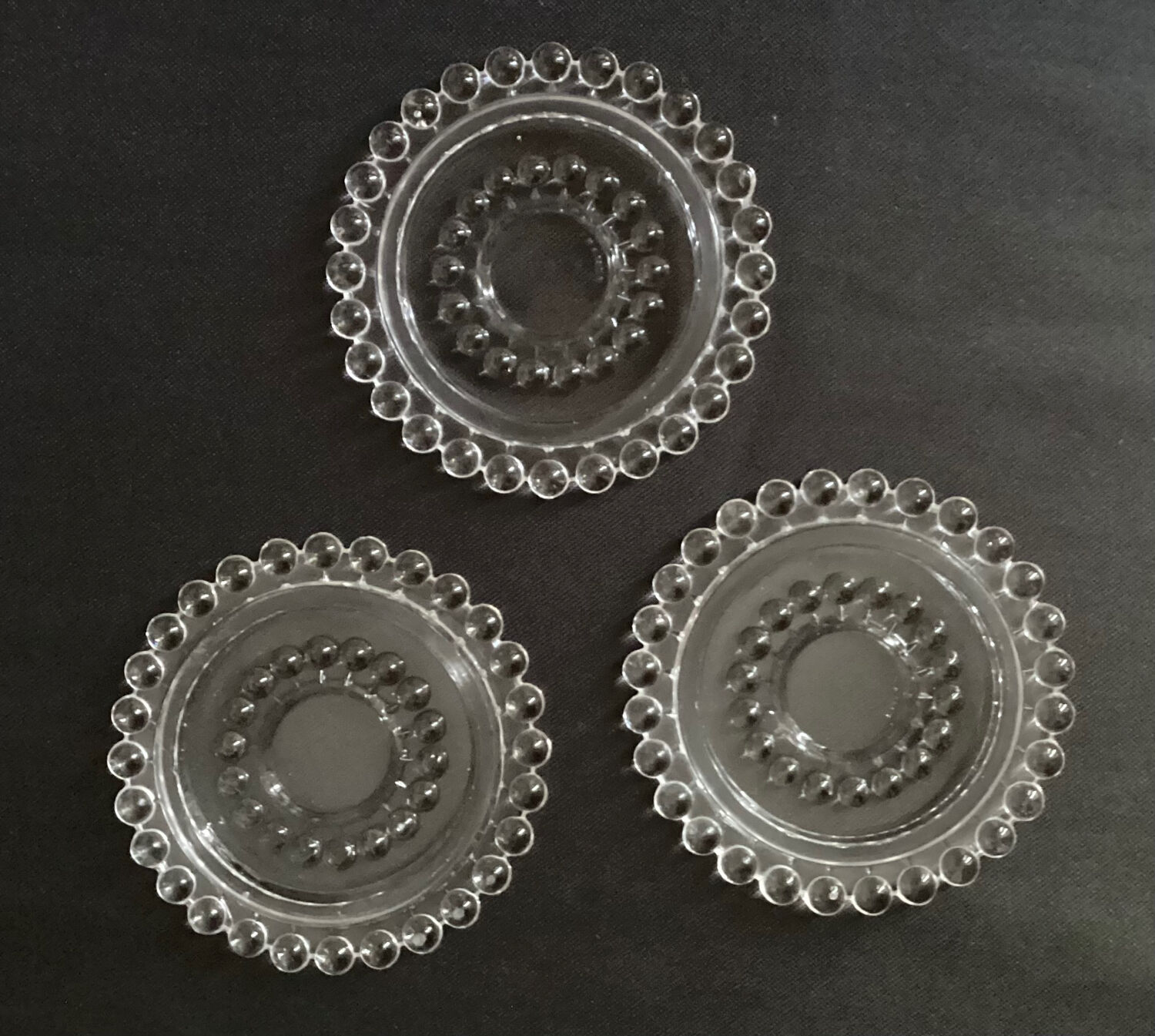 Set of 3 pearl border bottle coasters - vintage