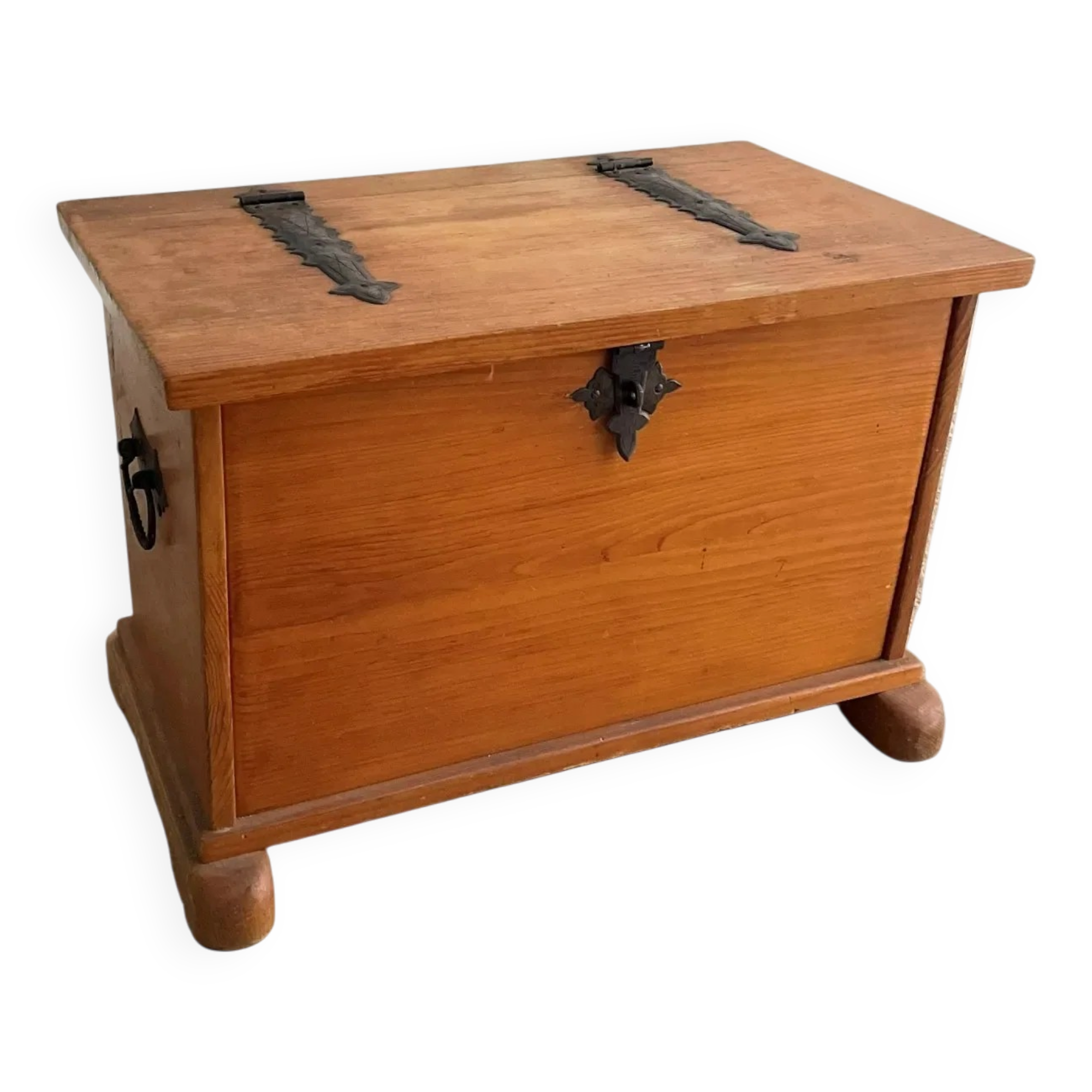Swiss solid pine chest with wrought iron fittings, mid-20th century.
