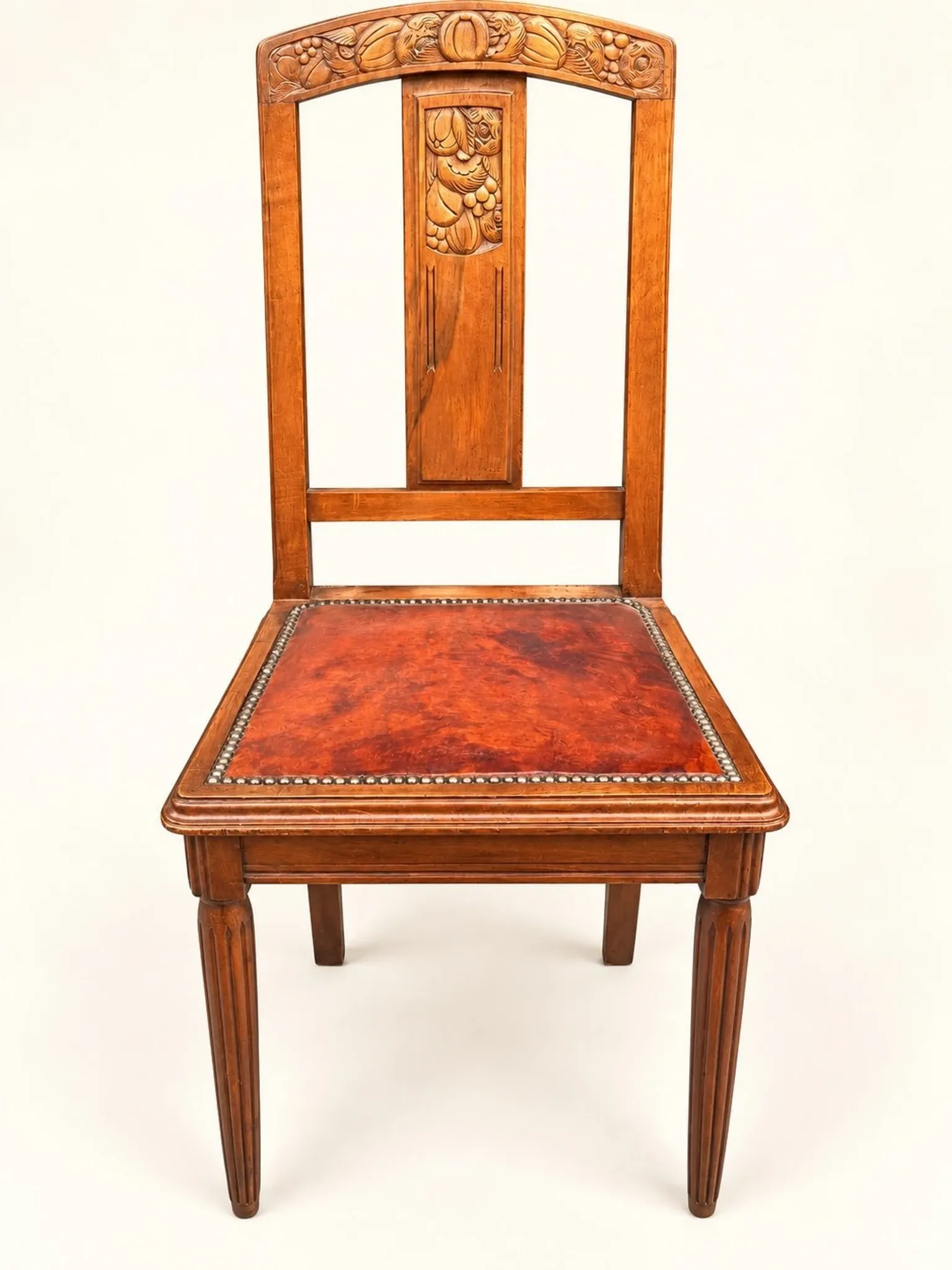 5 Art Deco Chairs in Carved Walnut, Upholstered with Studded Leather – 1920s