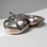 Silver-plated pumpkin-shaped bowl with lift-off lid, 1940s vintage centerpiece in metal