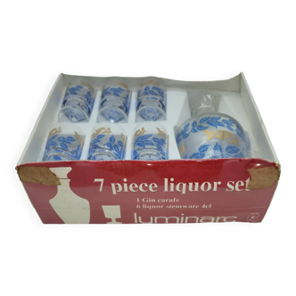 Complete liqueur or gin service in Luminarc box with blue and gold leaves, vintage 70s