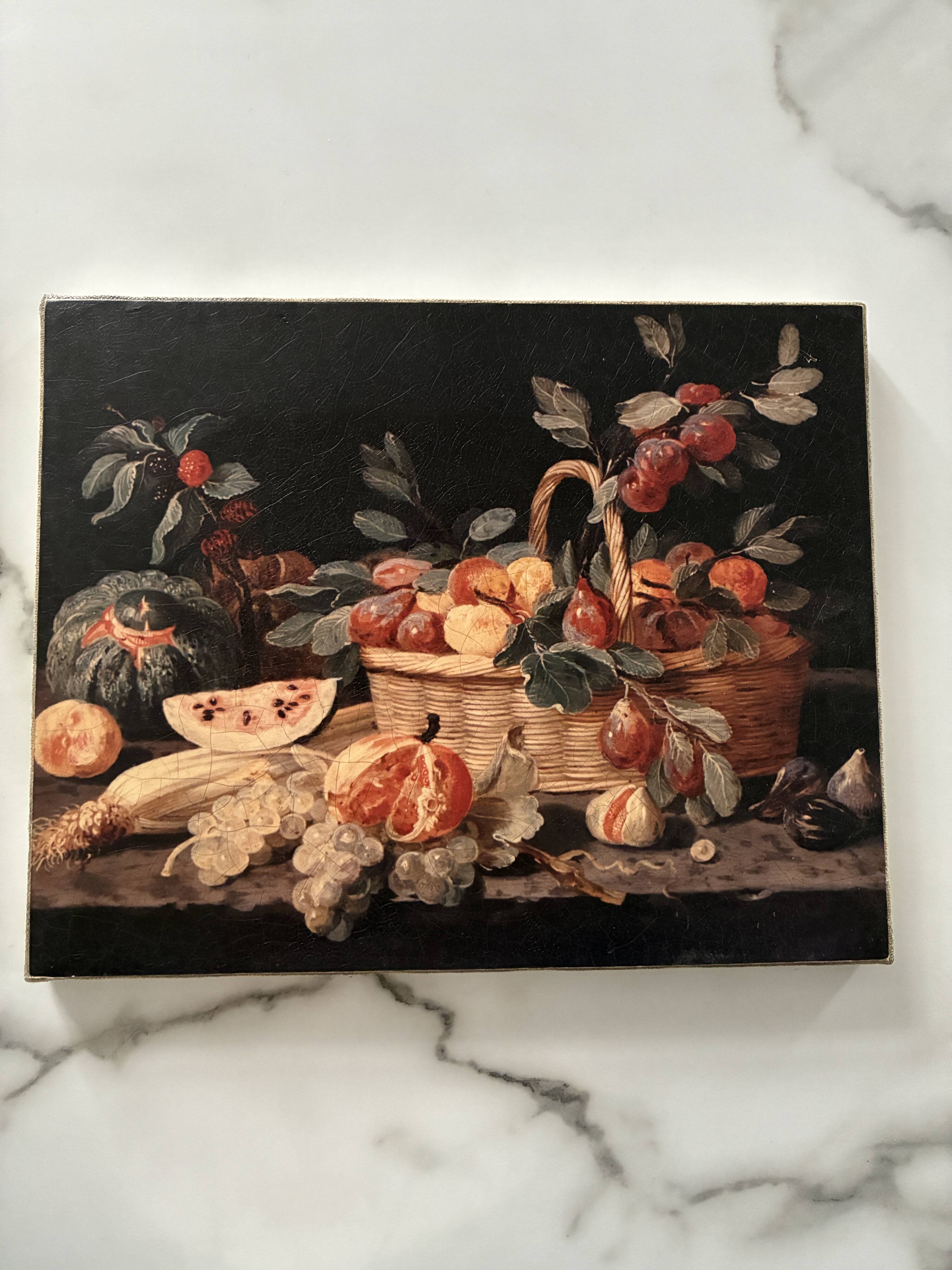 Small still life painting on a black background.