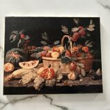 Small still life painting on a black background.