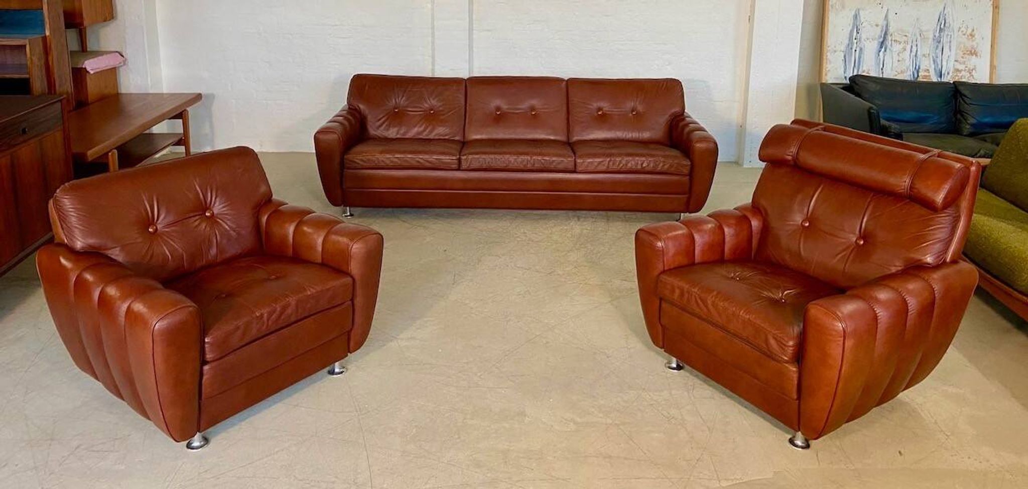 Vintage Danish mid-century Svend Skipper leather club chairs 1970s