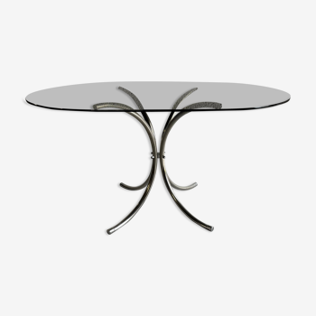Table ovale en verre fumé et acier chromé