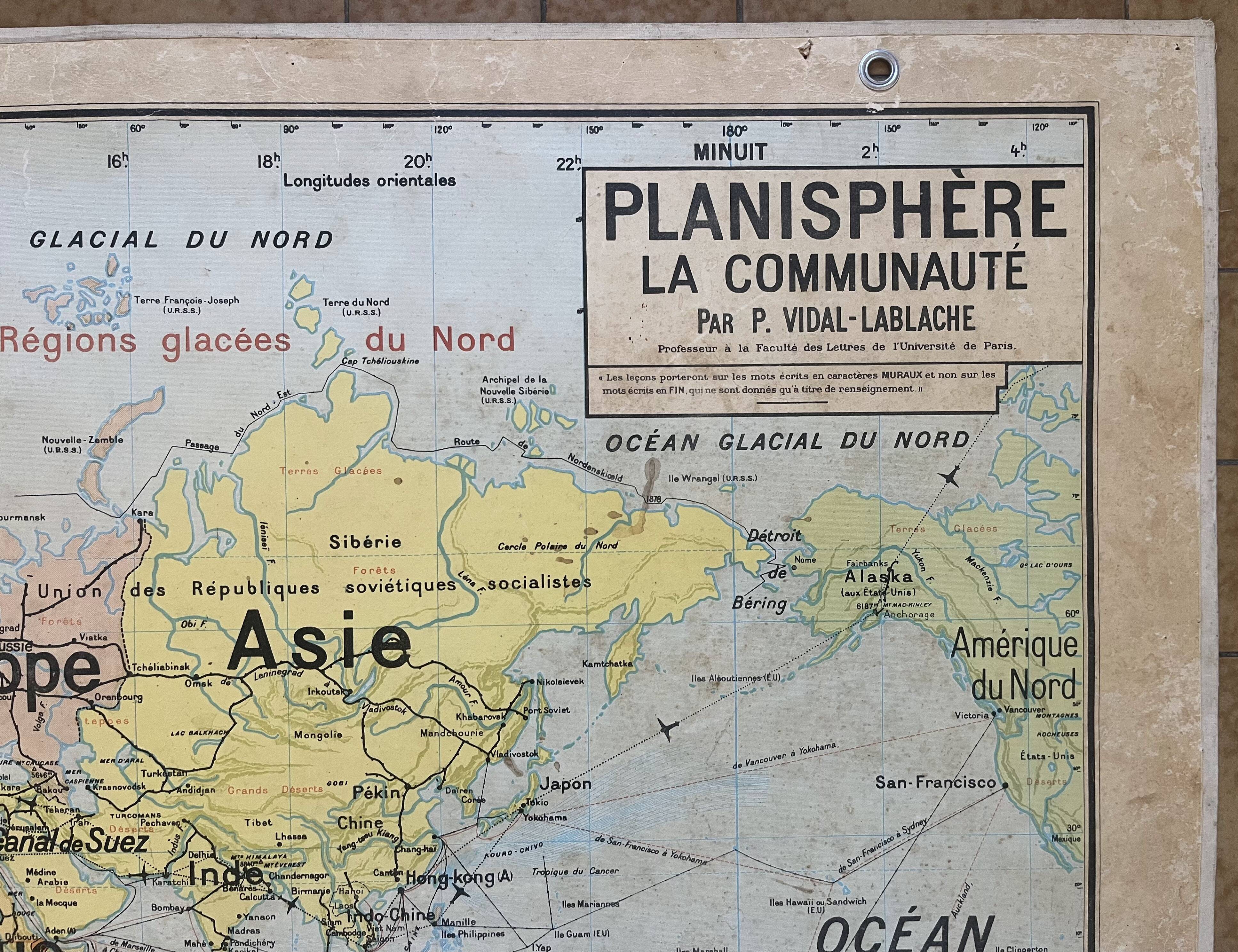 Ancienne carte scolaire Vidal-Lablache 22, 1958 - Planisphère, colonies