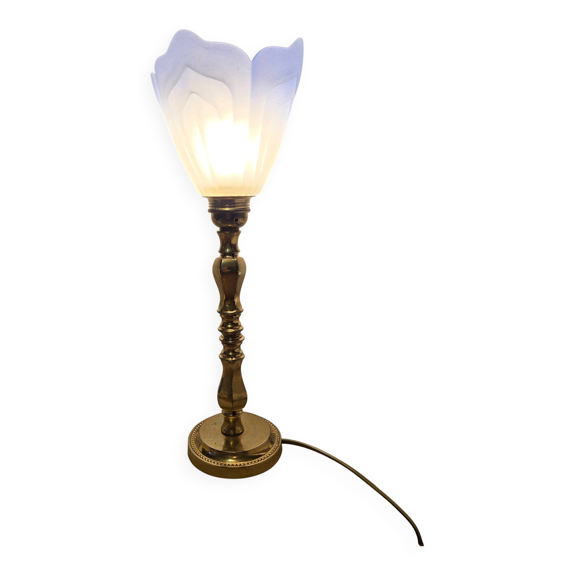 Blue and gold brass table lamp with opaline tulip Art Nouveau