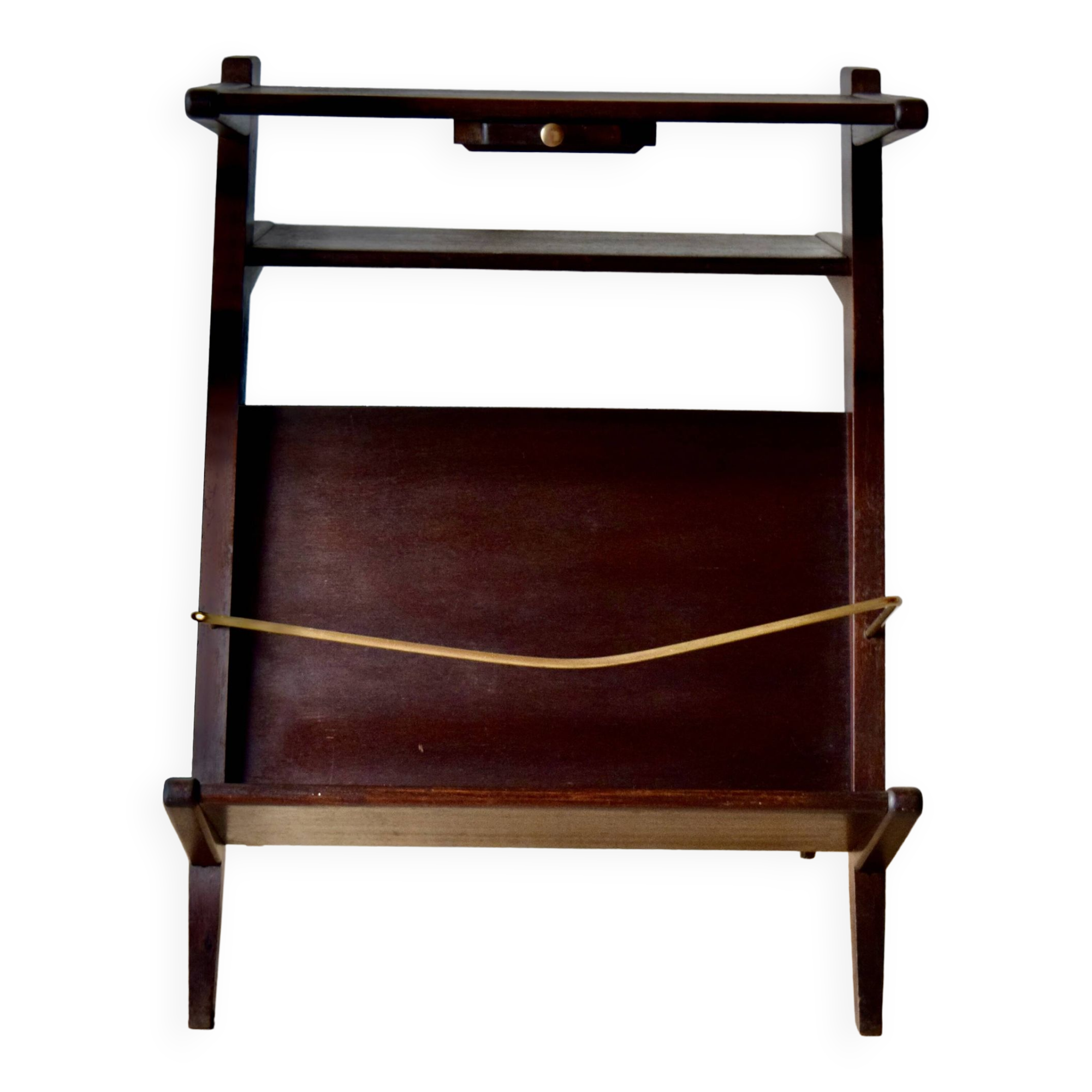 Old Scandinavian style magazine rack in dark wood with integrated brass ashtray