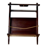 Ancienne sellette porte-revue style scandinave en bois foncé avec cendrier intégré en laiton