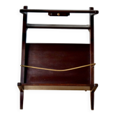 Old Scandinavian style magazine rack in dark wood with integrated brass ashtray