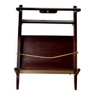 Ancienne sellette porte-revue style scandinave en bois foncé avec cendrier intégré en laiton