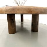 XXL oval coffee table in solid oak, cylindrical base, 1950s.