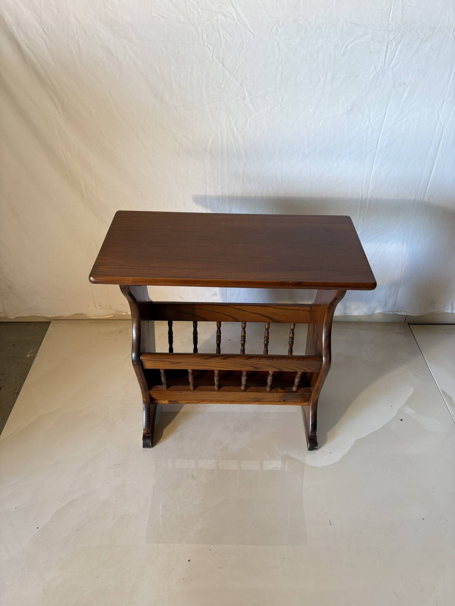 Side table, vintage turned wood magazine rack