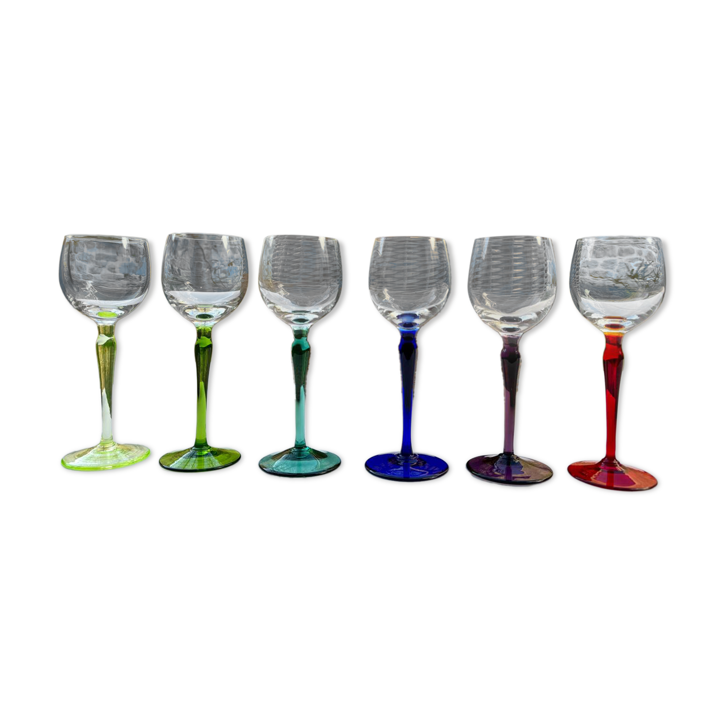 6 crystal glasses with coloured stems