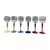 6 crystal glasses with coloured stems