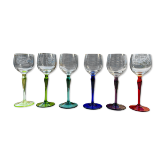 6 crystal glasses with coloured stems