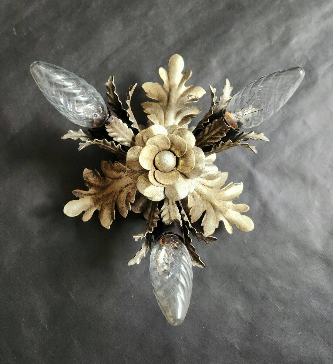 Vintage Florentine floral hand-forged silver-plated 3-light flush mount from Banci Firenze, Italy, Florence 1960s, set of 5